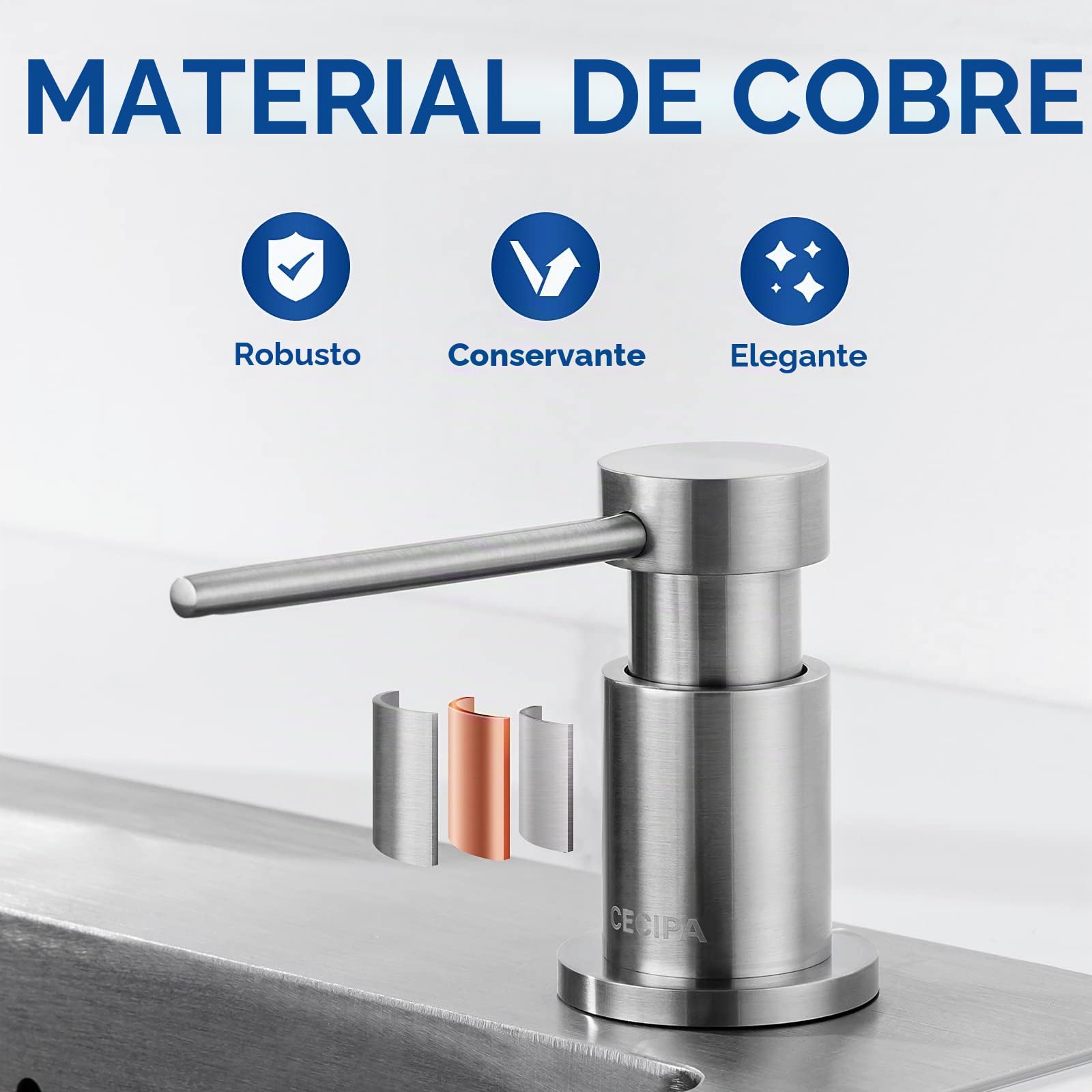 CEICPA,Dispensador de jabón para Cocina, dispensador de jabón para Fregadero con Botella de 500 ml y Manguera de extensión de 1.2 m, Bomba giratoria de 360°, Cepillado