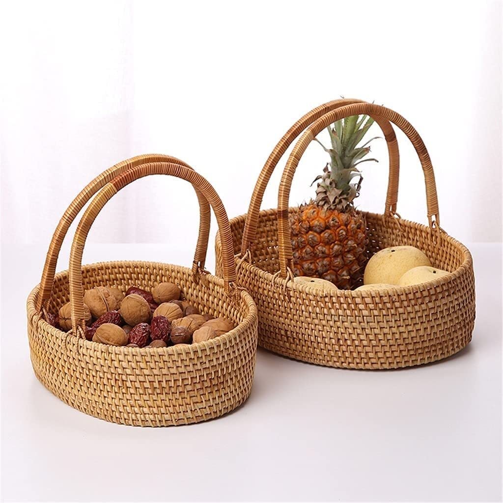 Dekoracja Kuchenna Kosz Rattanowy Przenośny Piknikowy Rozmaitości Do Przechowywania Na Biurko Idylliczny Pojemnik Żywność Imprezy Plenerowe(32 * 28 * 13cm)