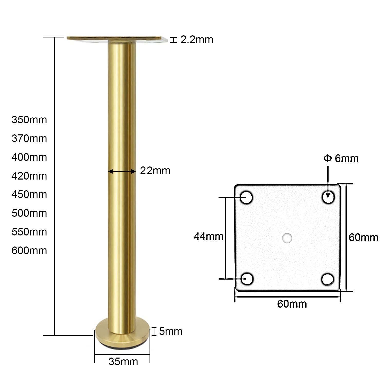 Gambe da Tavolo Regolabili in Acciaio Inossidabile per progetti di Arredamento Fai da Te, Finitura Oro (Confezione da 2 da 500 mm)