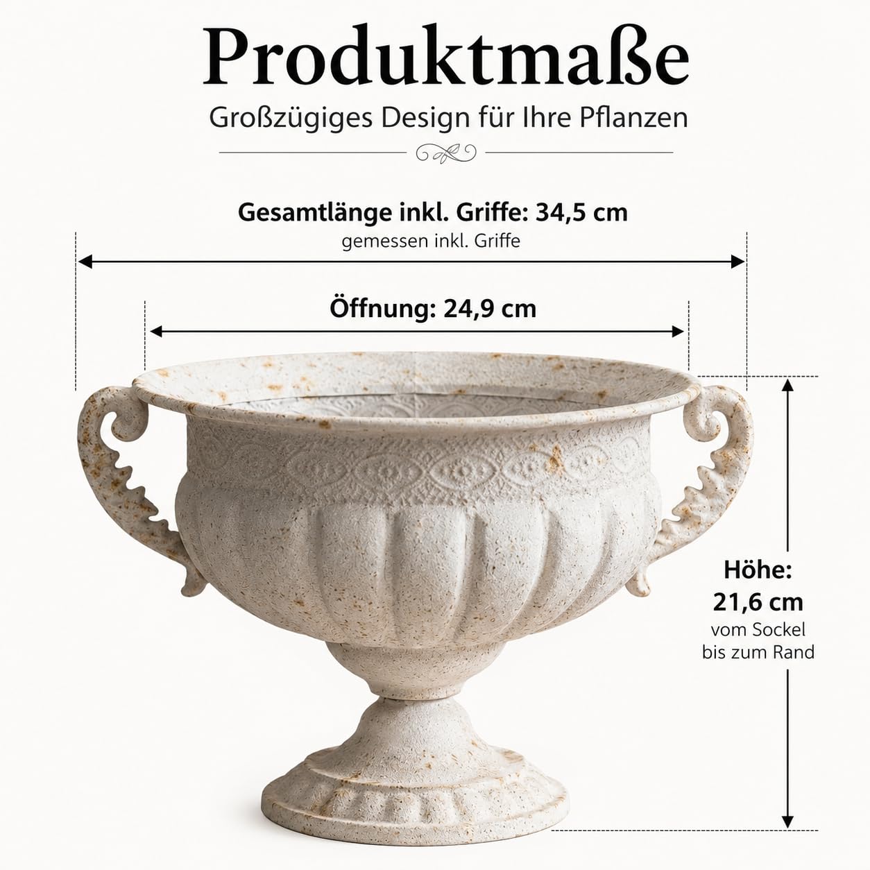Vintage Pflanzurne aus Eisen, Weiß, 34,5 × 21,6 cm, Steinoptik