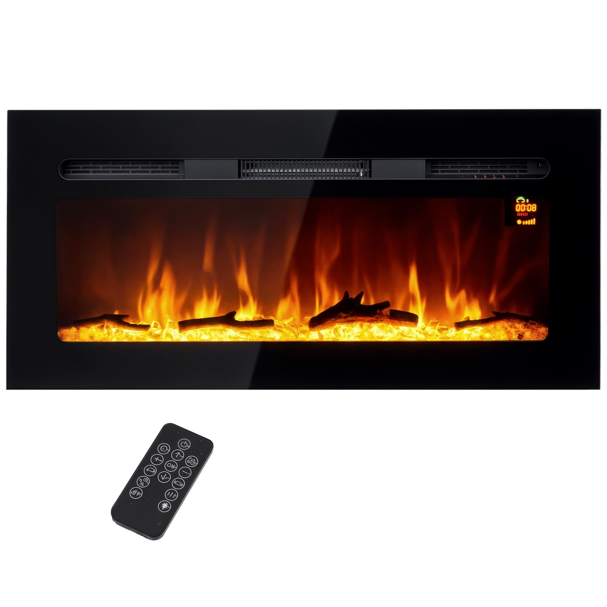 HOMCOM Cheminée électrique 1800 W Mural ou encastrable Fausse cheminée avec Effet Flamme en LED 3 Couleurs 5 luminosités, bûche et Cristal, minuterie, température 15-40℃, télécommande, 91,4L cm, Noir