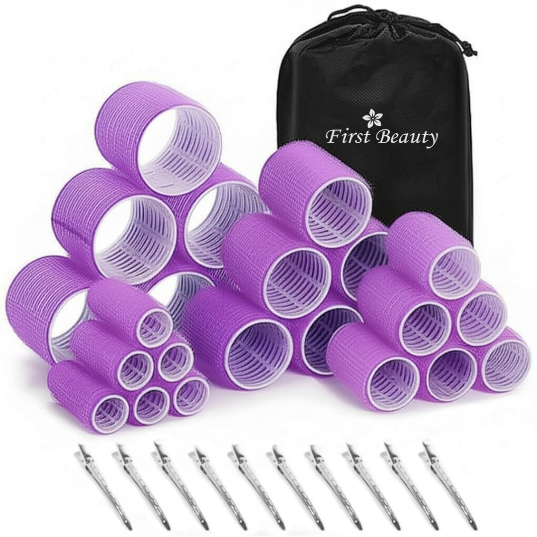 First Beauty Self Grip Hair Curlers 34Pcs Set with 24Pcs Hair Roller 4 Sizes (6 Large, 6 Medium, 6 Small & 6 Extra Small) with 10Pcs Stainless Steel Duckbill Clip, 4 Size Hair Roller Volume for Long Medium Short(Purple)-image-11