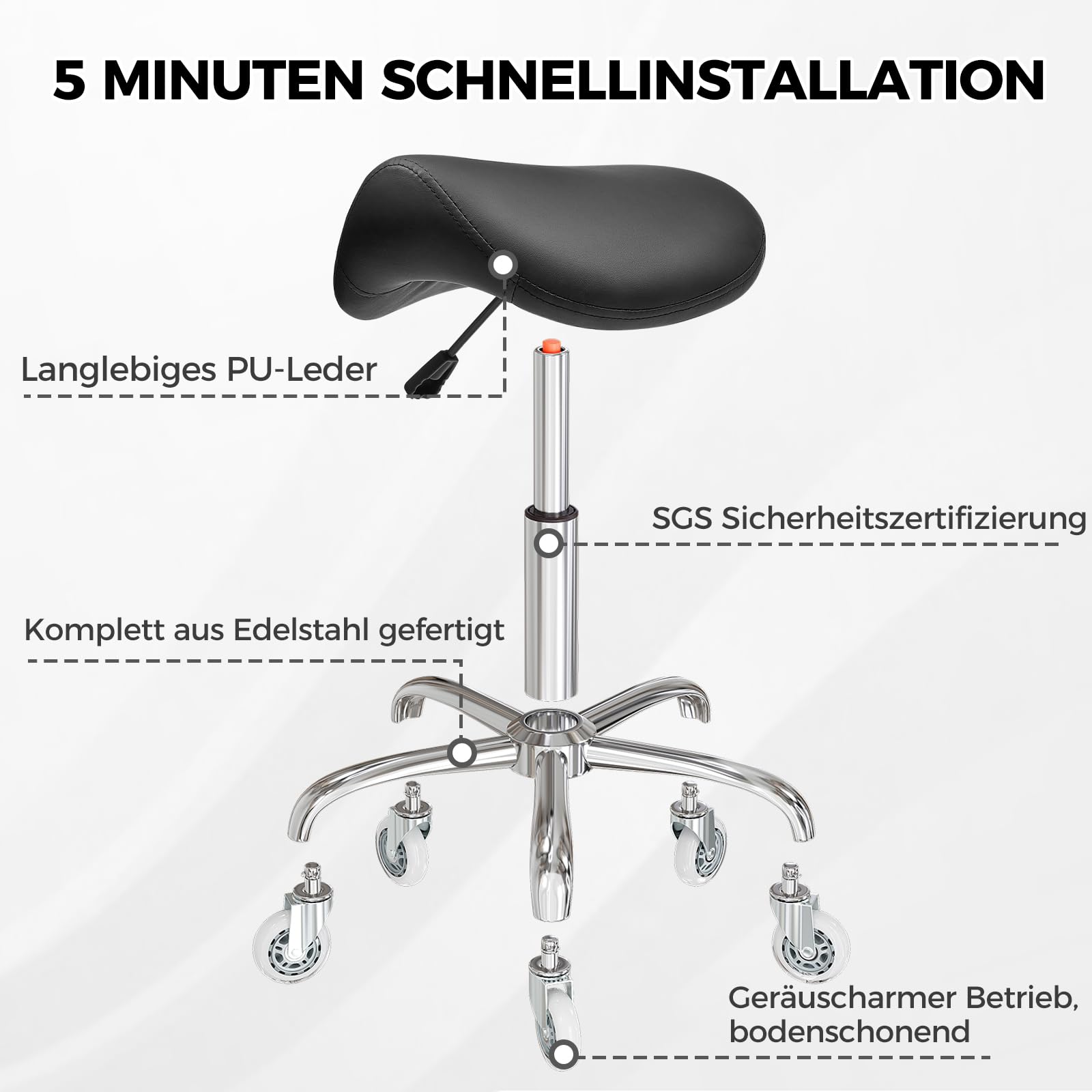 BEWISHOME Sattelhocker Höhenverstellbar, Sattelhocker mit Rollen, 360° Drehhocker Rollhocker, Ergonomischer Hocker, Tragfähigkeit 200 kg für Schönheitssalons, Spas Salon und Kliniken (Schwarz)