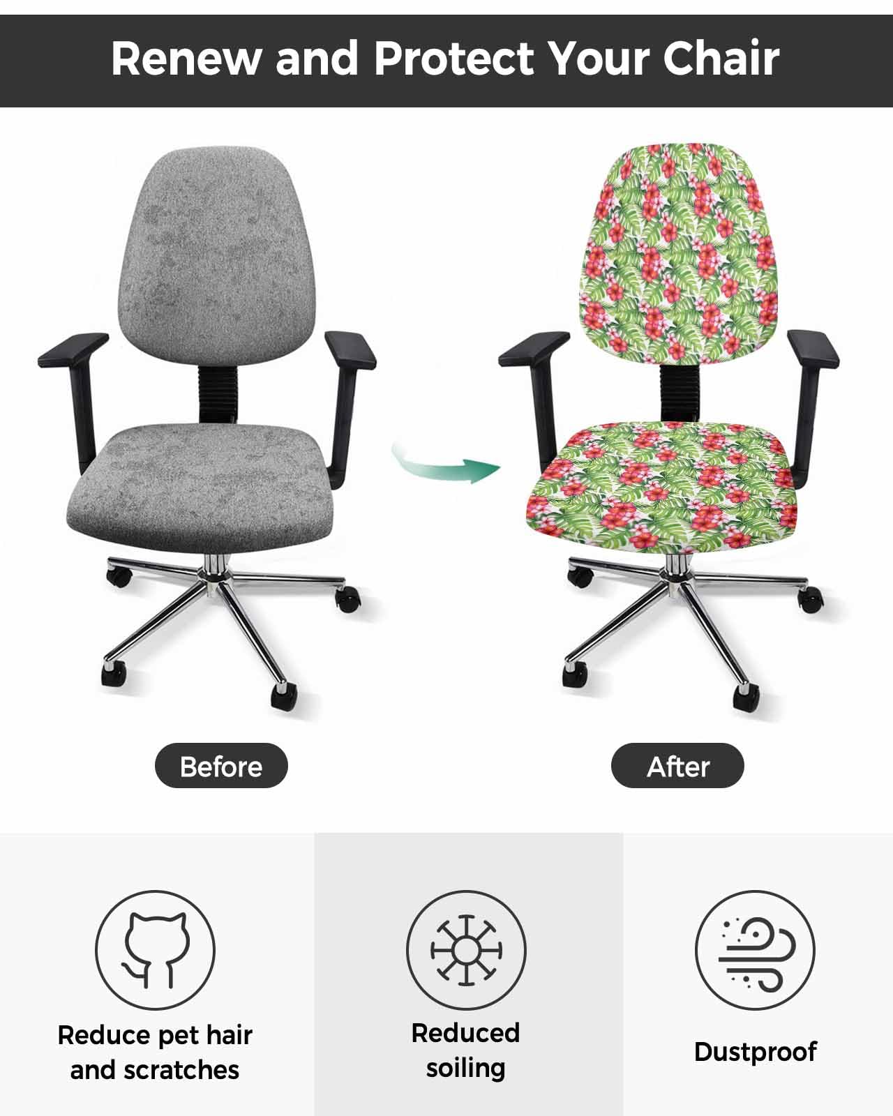 Summer Flowers Leaves 2 Pieces Computer Office Chair Covers Set,Stretchable Desk Rotating Chair Seat Cushion Slipcover Back Covers,Pastoral Botanical Tropical Plants Slipcover Back Cover Protector