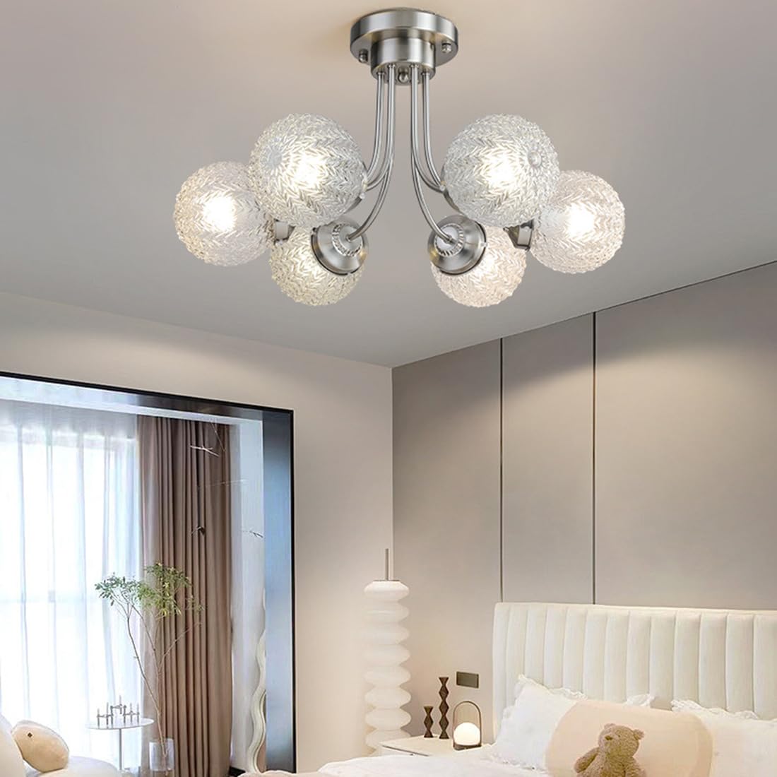 Lampy sufitowe do sypialni 6-Lights Gold Nowoczesne, częściowo podtynkowe lampy sufitowe ze szklanym kloszem w kształcie fali do sypialni, jadalni (chrom