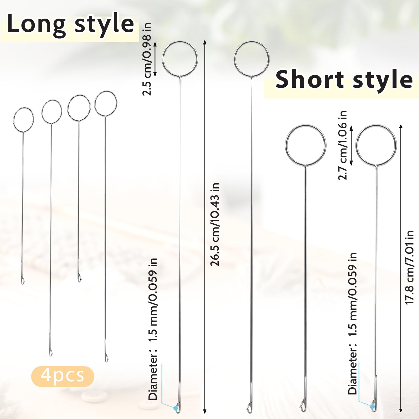 Loop Turner Sewing Tool, 4 Pieces Loop Turner Tool for Silicone Beads, Sewing Loop Turner Hook, Needle Hook, Crochet Sewing Supplies, Drawstring Threader Tool for Fabric Tube Strips DIY (10.4" & 7") - Image 2