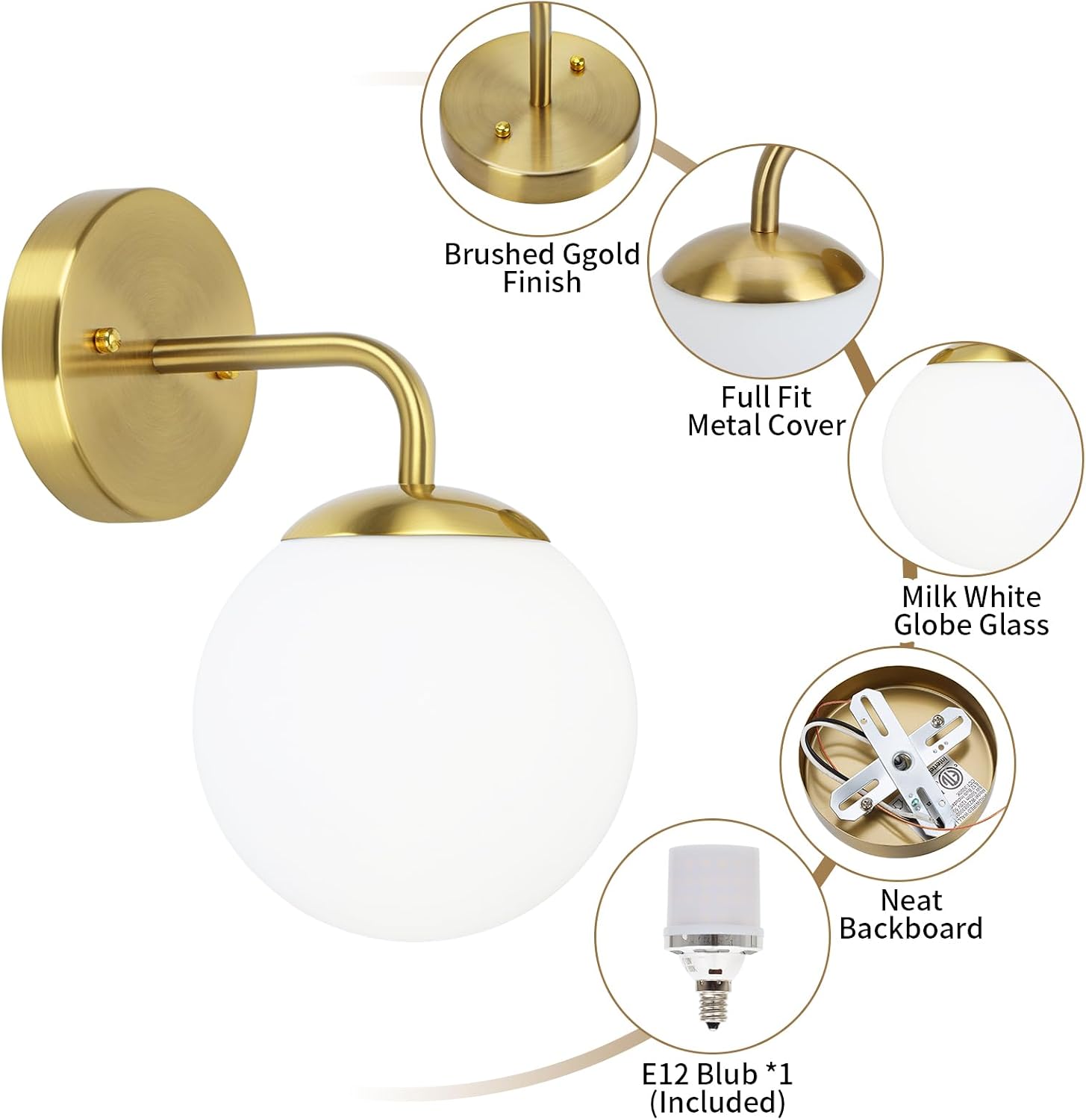 2Pack Brushed Gold Wall Sconces Hardwired, Milk White Globe Glass,1-Light Vanity Wall Lamp for Bathroom Bedroom.Mid Century Brushed Brass Corded Plug in Wall Sconces Set of 2 with E12 Bulb(Included)