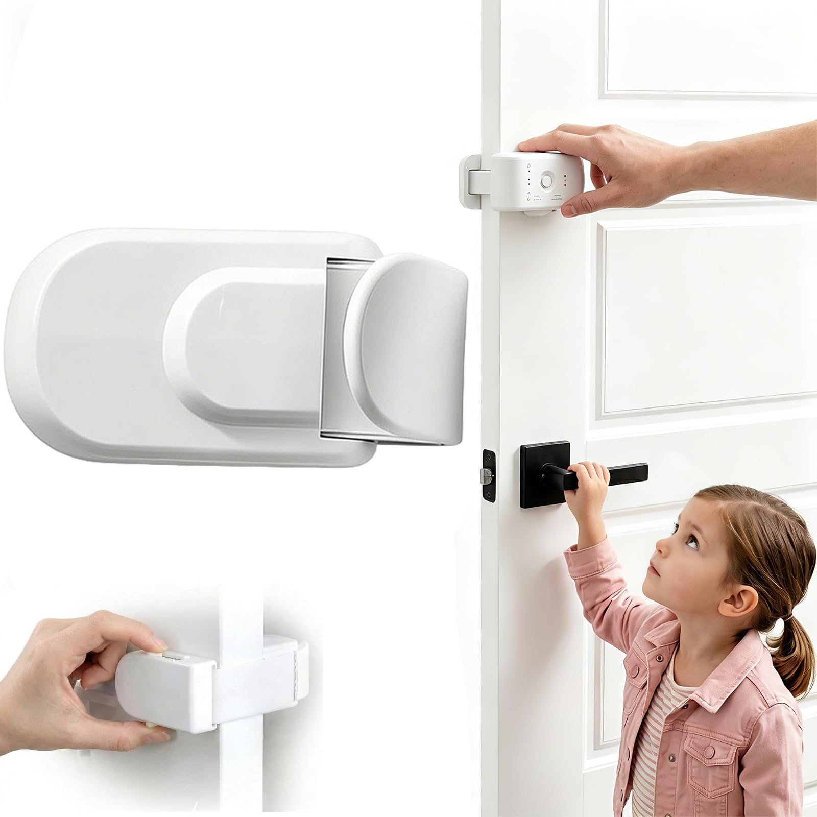 Child Proof Door Lock for 3.5cm Interior Doors, Snap-On Baby & Pet Safety Latch, Tool-Free Instant Install, Damage-Free Rental Friendly, Easy Adult Manual Thumb-Turn Unlock(1 pcs)