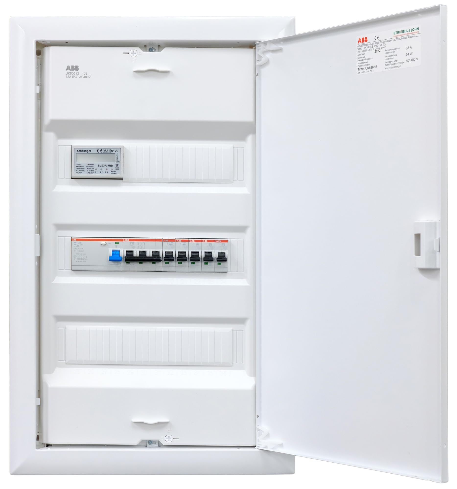 Mit Zähler bestückter ABB (STRIEBEL&JOHN) Aufputz 3-reihig UK636N3 ANSCHLUSSFERTIG verdrahtet mit Klemmblock. Bestückung ABB 1x FI 4-pol. + 1x 3pol + 5x 1pol LS B16A