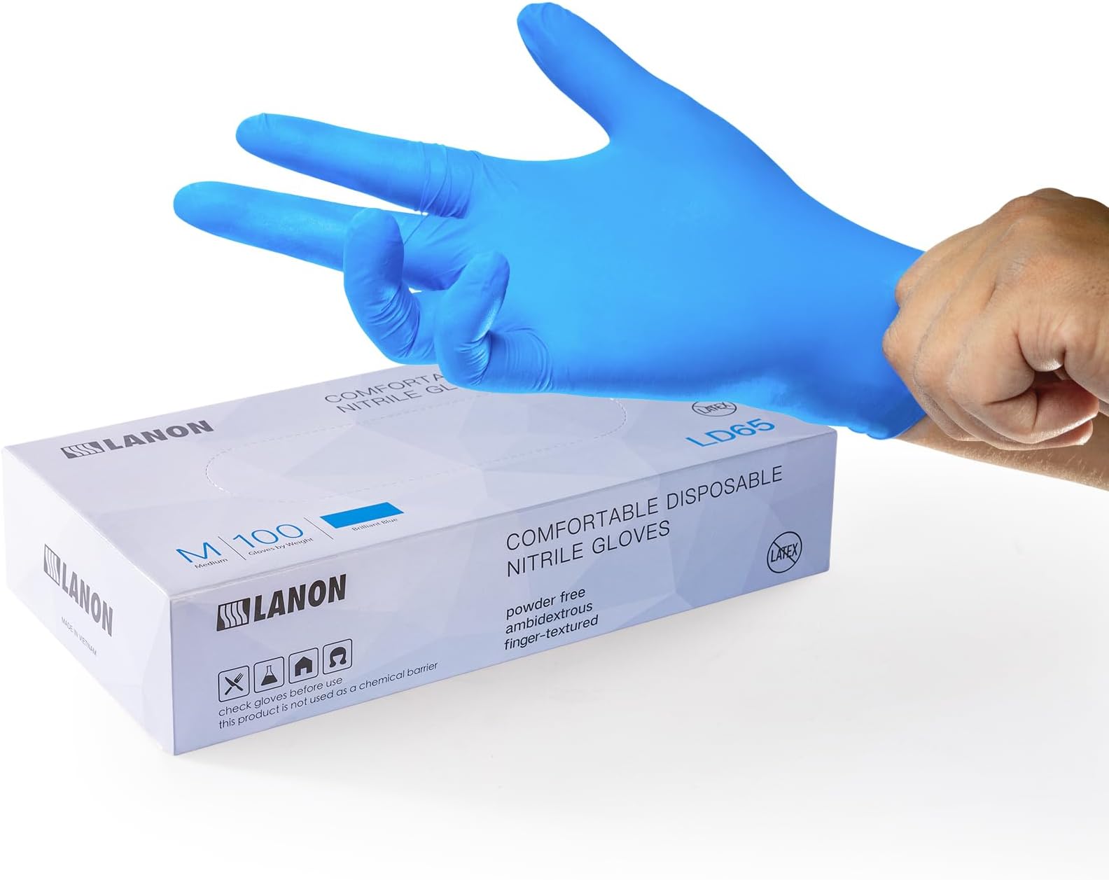 LANON ProtectionDisposable Nitrile Gloves, Silicone-Free, Food-Safe, Chemical Resistant, Powder-Free, Textured Fingertips, Cooking, Cleaning, Blue, Medium