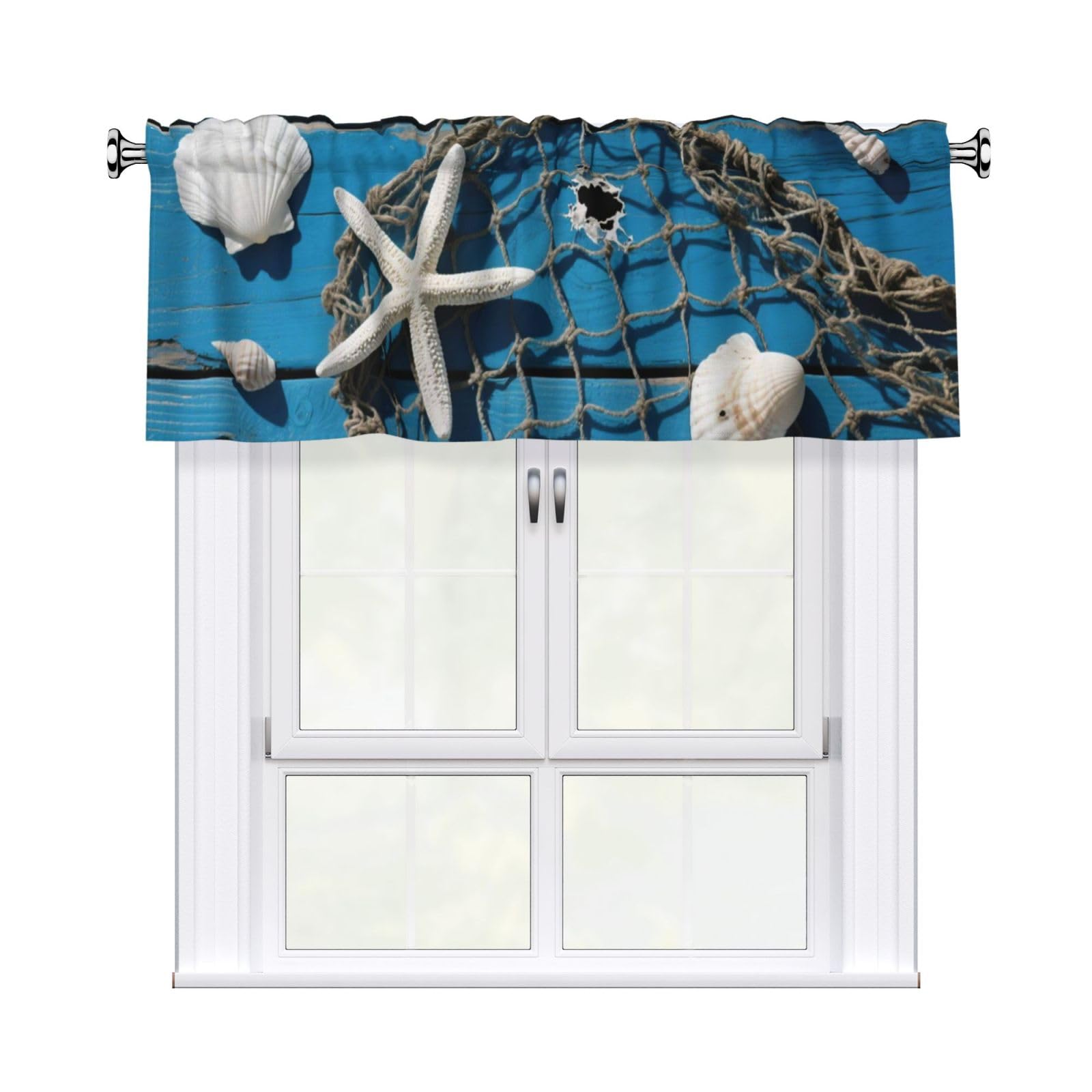 FekiLoot Starfish Shell Fishnet Curtain Valance for Windows, Kitchen Window Valances Rod Pocket Window Treatments Short Curtains Drapes for Bathroom Bedroom Cafe Decor 54x18inch 1 Panel