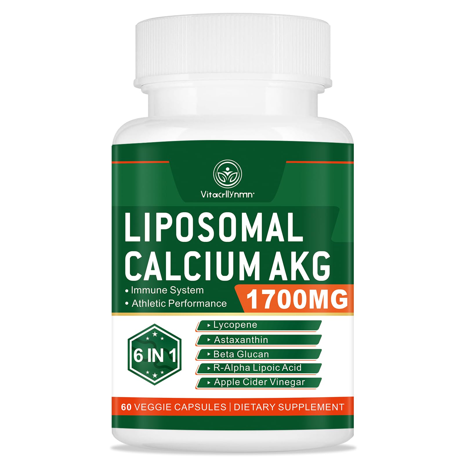 Liposomal Calcium AKG Supplement 1700 MG - High Absorption Calcium Supplement for Women, AKG Supplement for Cellular Energy, Metabolic Function - 60 Capsules