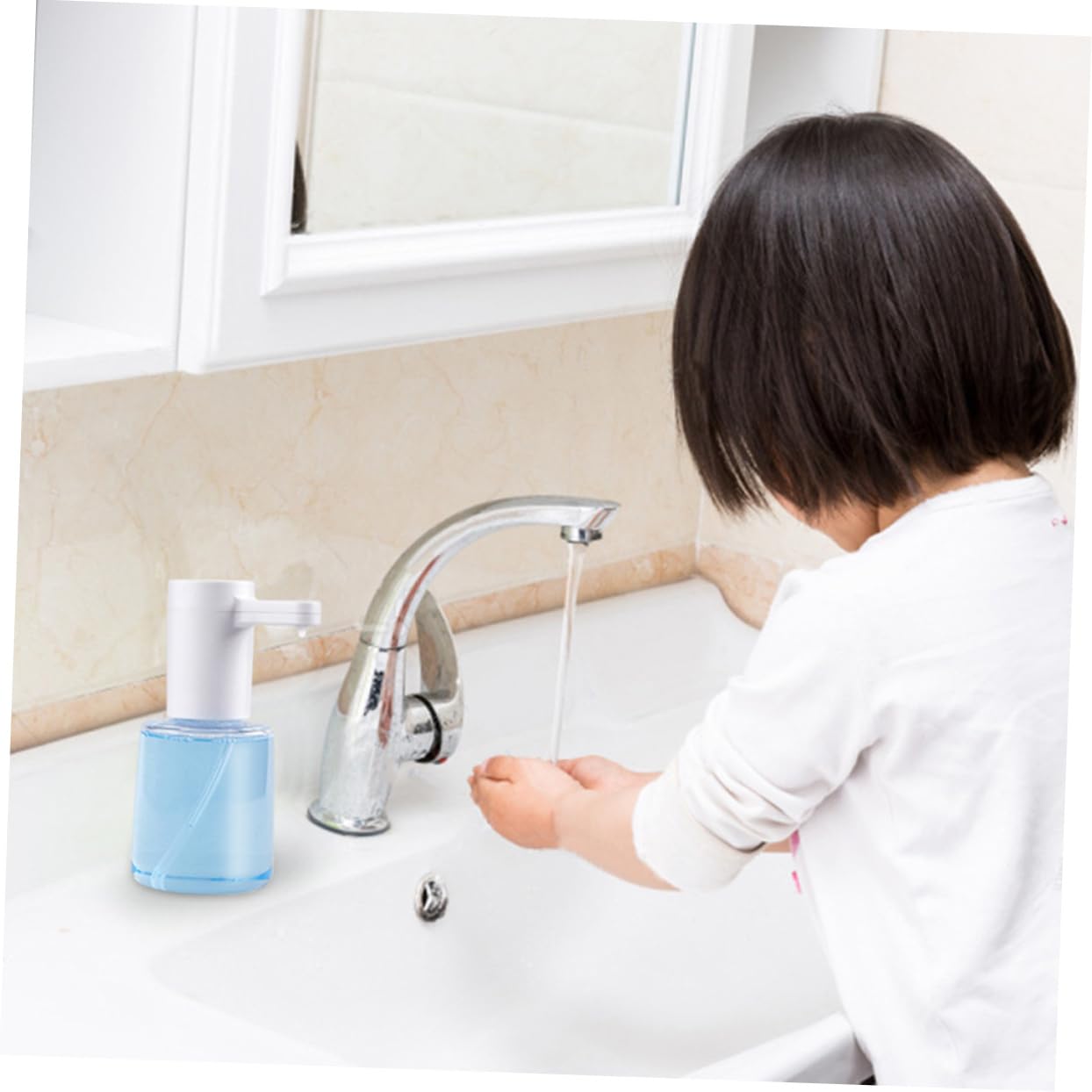 Dispenser di Sapone Automatico Sensore, Ricaricabile, senza Toccare, in Plastica Bianca, per Bagno e Toilette
