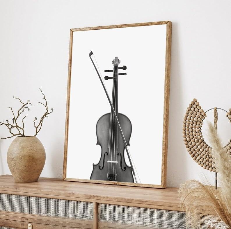 Estampe de violon sur toile d'art tableau noir et blanc de qualité 70x110