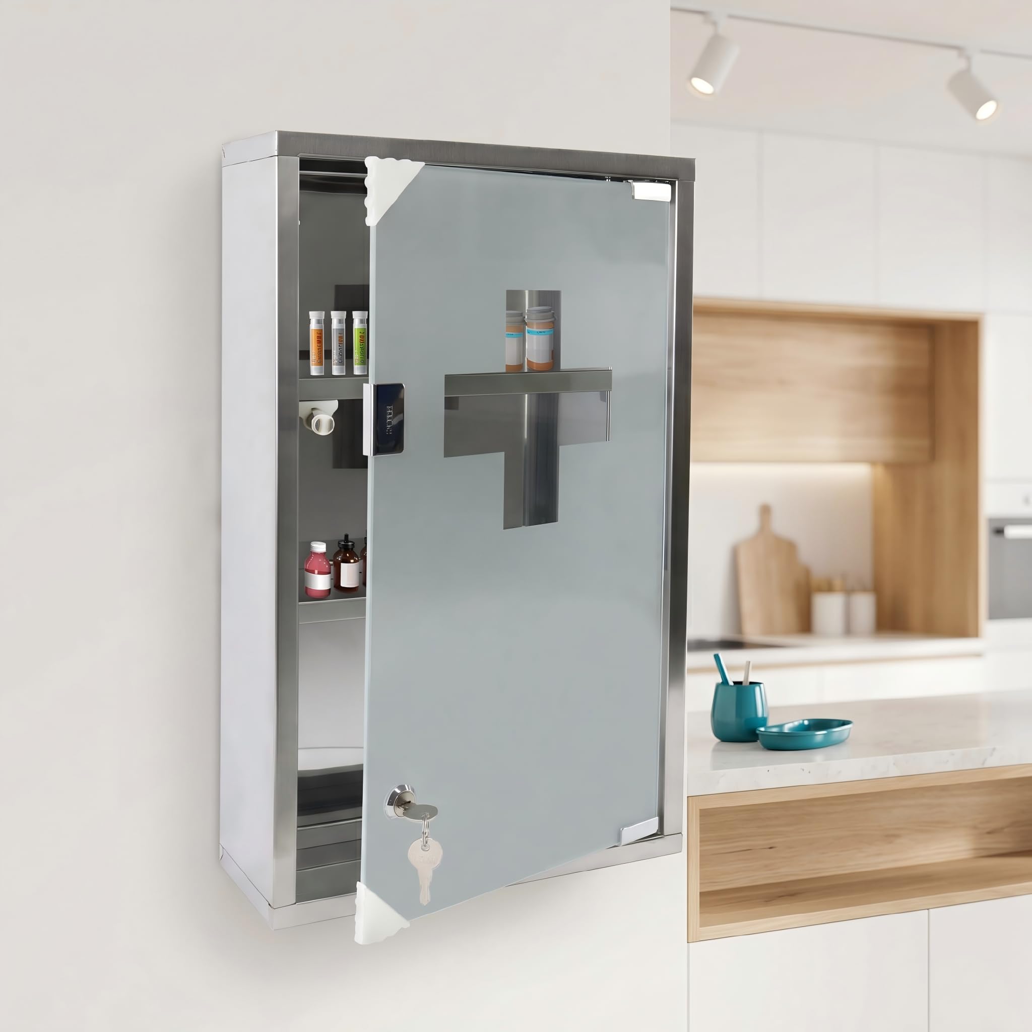 Armoire d'apothicaire murale en acier inoxydable, 50 cm de hauteur, 3 compartiments avec porte en verre, verrouillable avec 2 clés, armoire de premiers secours, argent