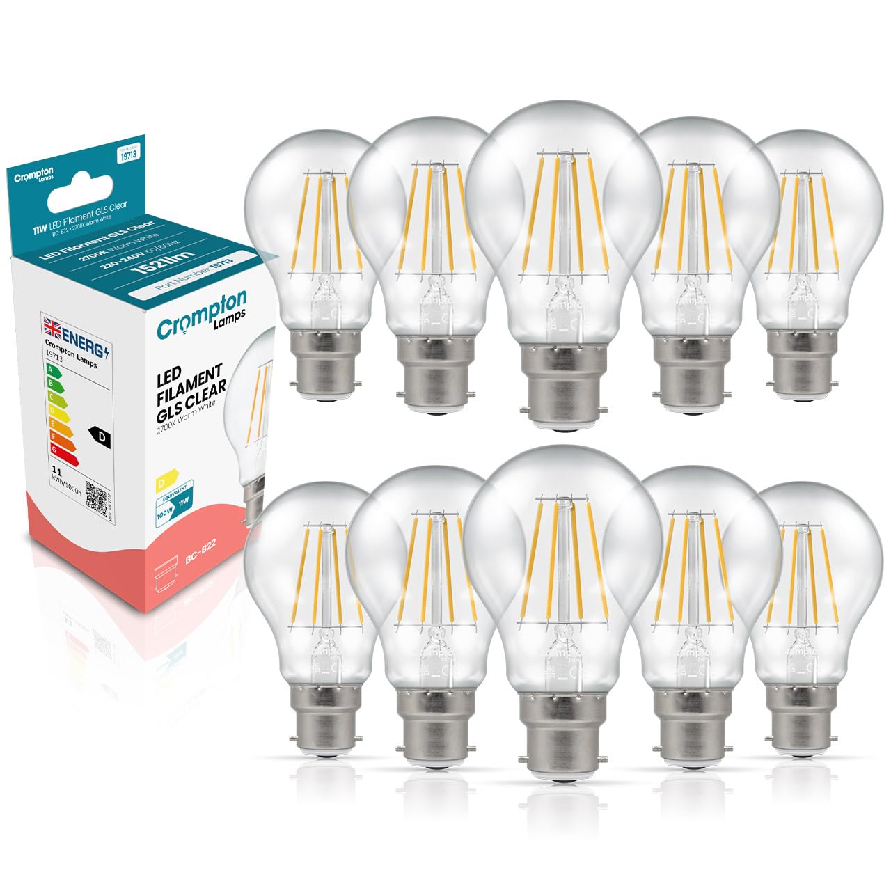 Crompton Lamps Filament GLS LED Light Bulb BC-B22d | 11W = 100W Equivalent | Warm White 2700K | Energy Efficient | Bayonet Lightbulb | Long Life 15,000-Hrs | Clear Glass | Dimmable | 10-Pack
