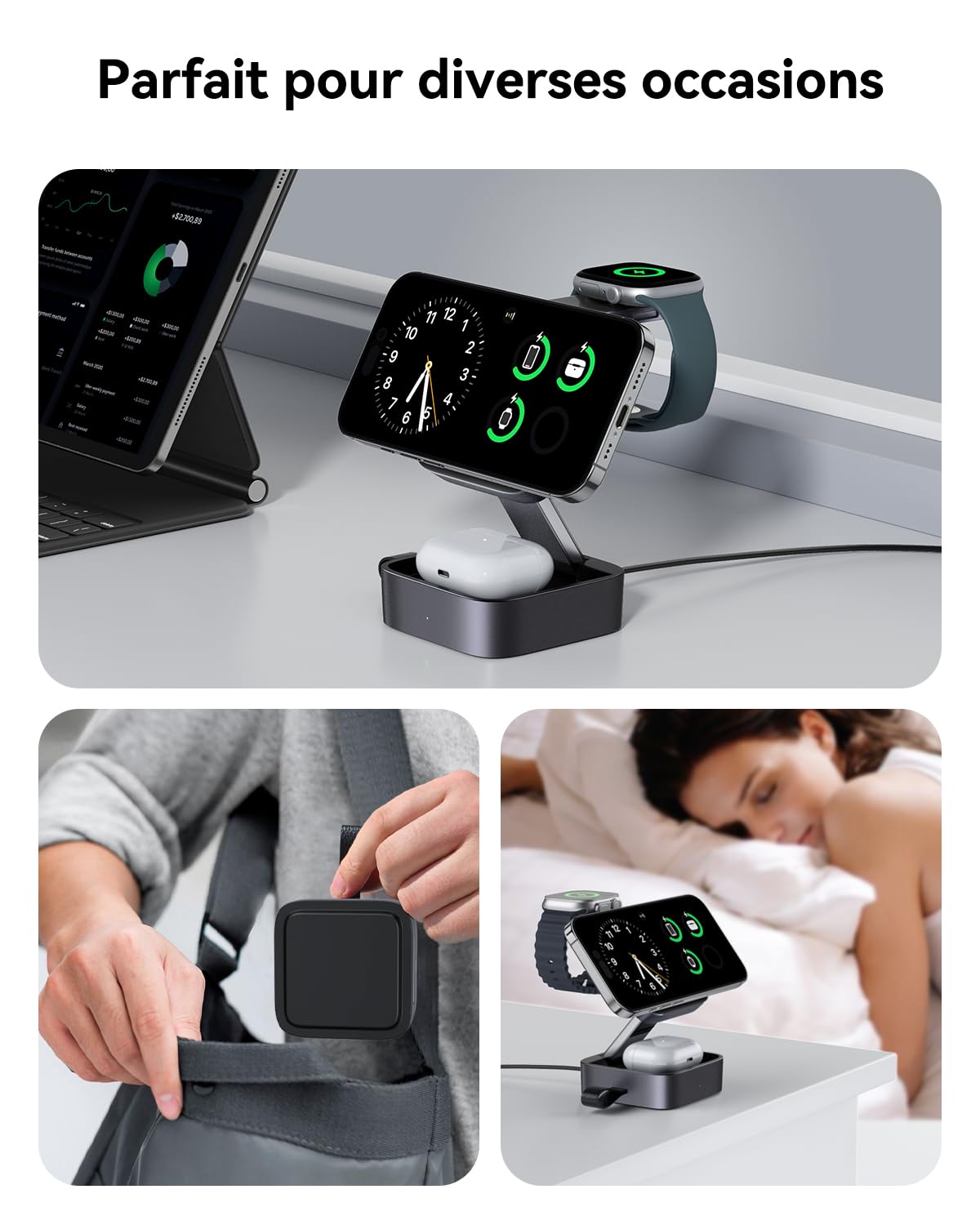 3-en-1 Station De Recharge pour Apple, Magnétique Pliable Rapide Chargeur de Voyage Compatible Mag-Safe pour iPhone 17e/17/16/15/14/13/12/Air Série, Apple Watch & Air-Pods Pro/4/3/2
