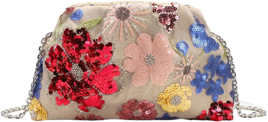 Verdusa Women's Floral Sequin Beaded Clutch Purses Ruched Magnet Handbags with Chain Strap