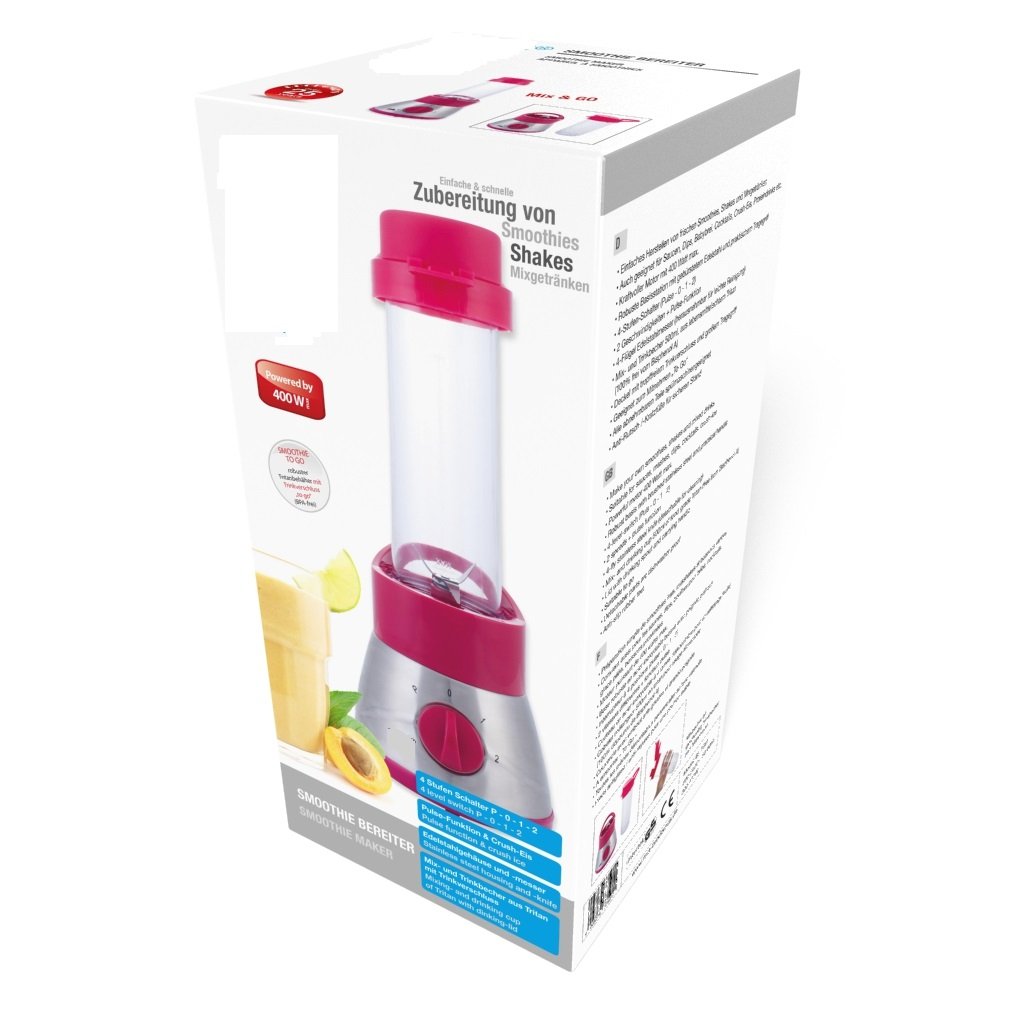 Profi Mix&Go Steel Standmixer/Smoothie Maker (400 Watt),pink - Standmixer mit 21.000 U/min max., inkl. Self Clean Funktion, inkl. 2x Trinkflaschen 600ml, edelstahl