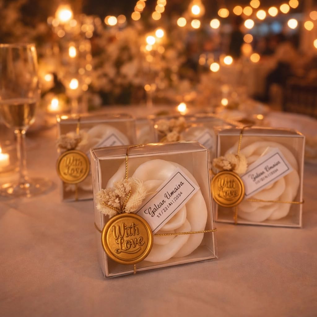 Personalized Rose Shaped Soy Wax Candles in Gift Box with Gold Wax Seal – Scented Wedding & Bridal Shower Favors, Elegant Mini Candle Gifts (Bulk Options Available)