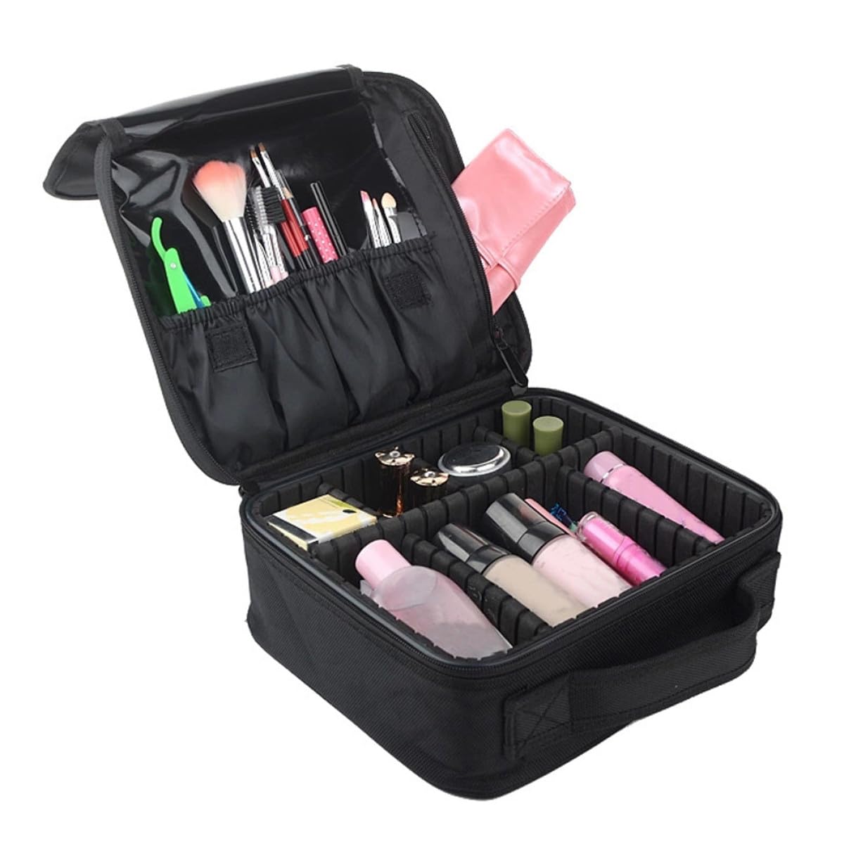 BESTYASH Kosmetiktasche mit Verstellbaren Trennwänden Schminkkoffer und Strapazierfähig Kosmetikorganizer mit Pinselfächern Kosmetikreisetasche für Lippenstift und Lidschatten