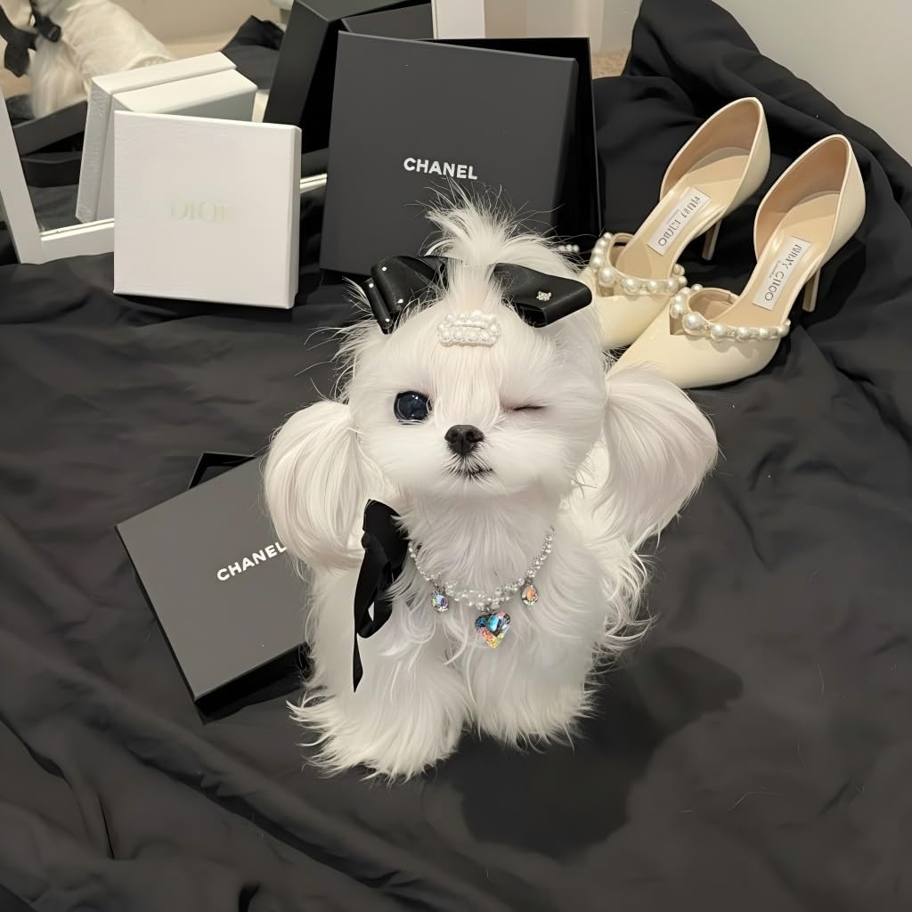 Luxury Crystal Pearl Necklace with Heart Pendant, White Simulated Pearls and Aurora Crystals, Elegant Pet Jewelry for Small Dogs and Cats