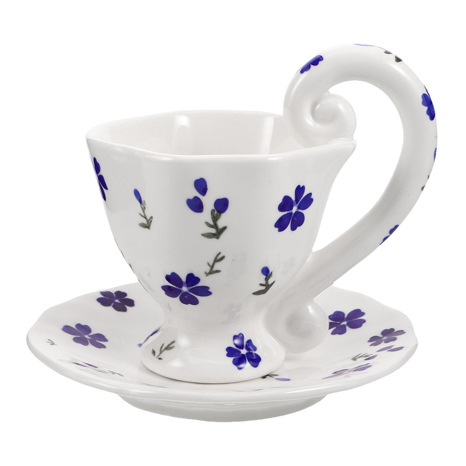 Ensemble de 1 tasse à café en céramique avec soucoupe - Tasses à expresso et soucoupe en porcelaine de 200 ml pour cappuccino et latte - Tasse à thé fleurie avec anse, bleue, idéale