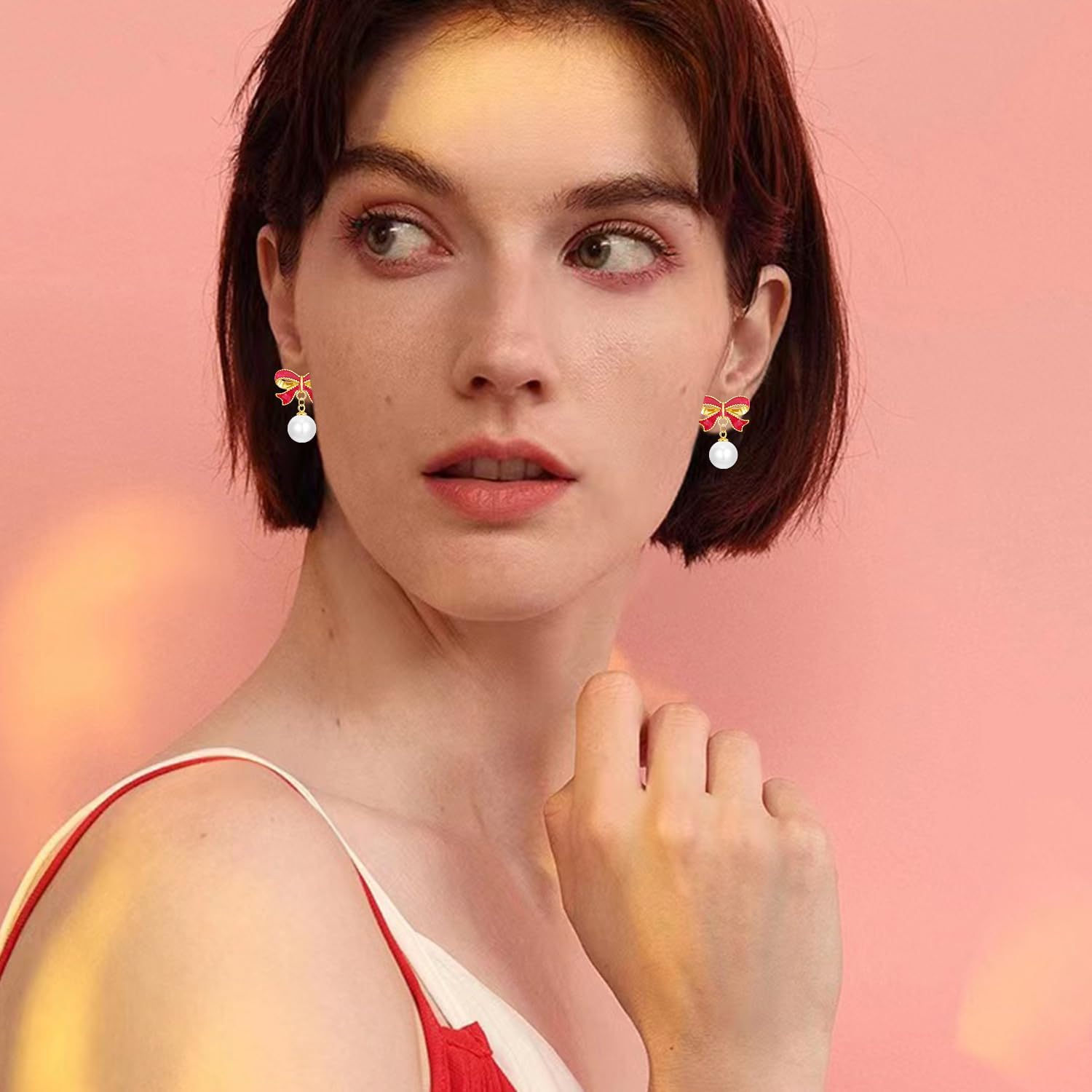 Chic Bow Pearl Round Dangle Drop Earrings Unique Sweet 14K Gold Bow Stud Earrings For Women - Image 4