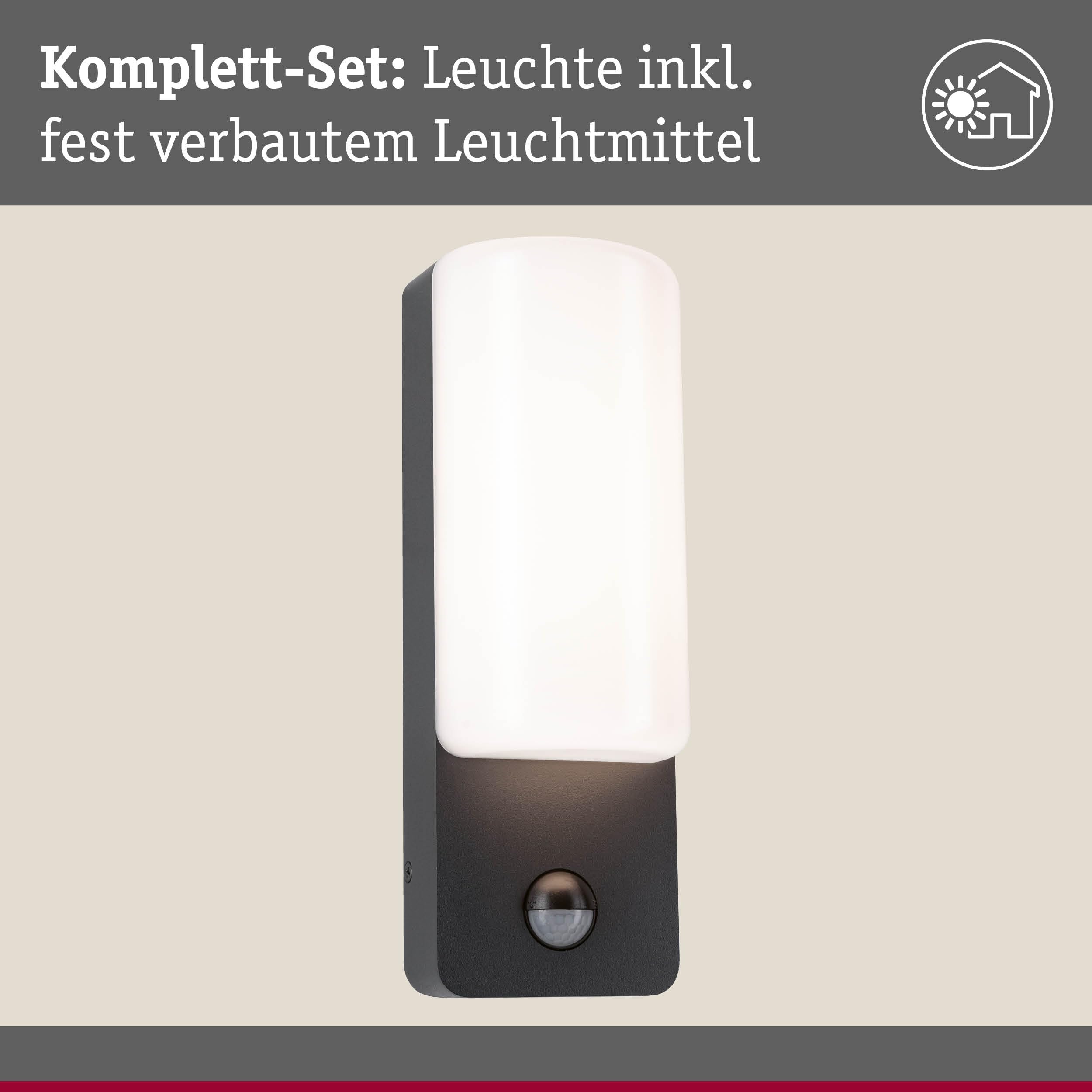 Paulmann 94851 LED oprawa na ścianę zewnętrzną Bonnie czujnik ruchu IP44 93x77mm 3000K 8,5W 560lm 230V antracyt, aluminium, oprawa zewnętrzna