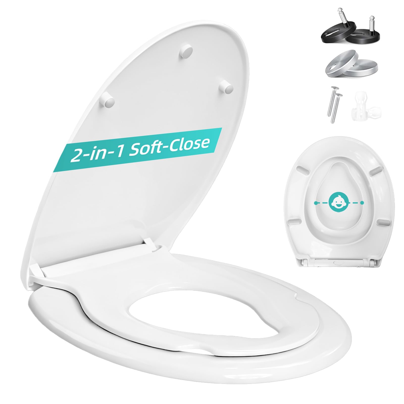 Shgjutop Toilet Seat Soft Close, Soft Close Toilet Seat Oval-Family with Adjustable Hinges, Universal Quick Release Toilet Seats Lid in Sturdy Anti-Bacterial Premium PP Material, White