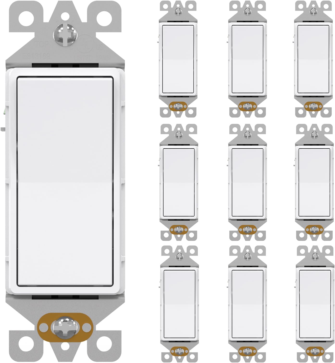 AIDA 10 Pack 3 Way Decorative Light Switch, 15Amp, 120/277 Volt, AC Decorator Rocker Paddle Wall Switch Replacement, UL Listed - Residential and Commercial Grade,Glossy White