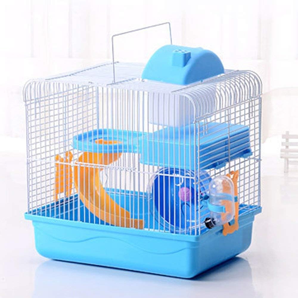 2-Tier Portable Travel Cage for Small Animals, Dwarf Hamster Travel Carrier with Carry Handle Exercise Wheel Kettle Food Dish, 11 x 8.2 x 12.2 Inch (Blue)