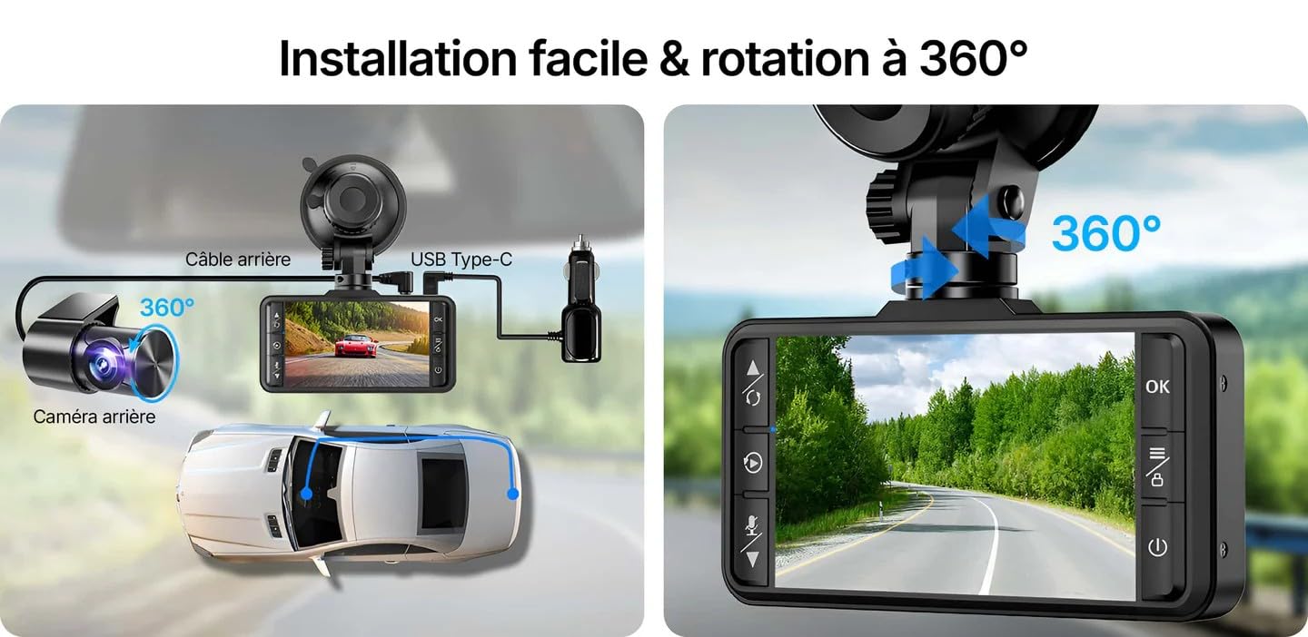 Oryzom Dashcam 4K Pro – Enregistrement Ultra HD avec caméras Avant/arrière, Vision Nocturne et Surveillance 24h/24(Câble abaisseur 1080P+ACC)
