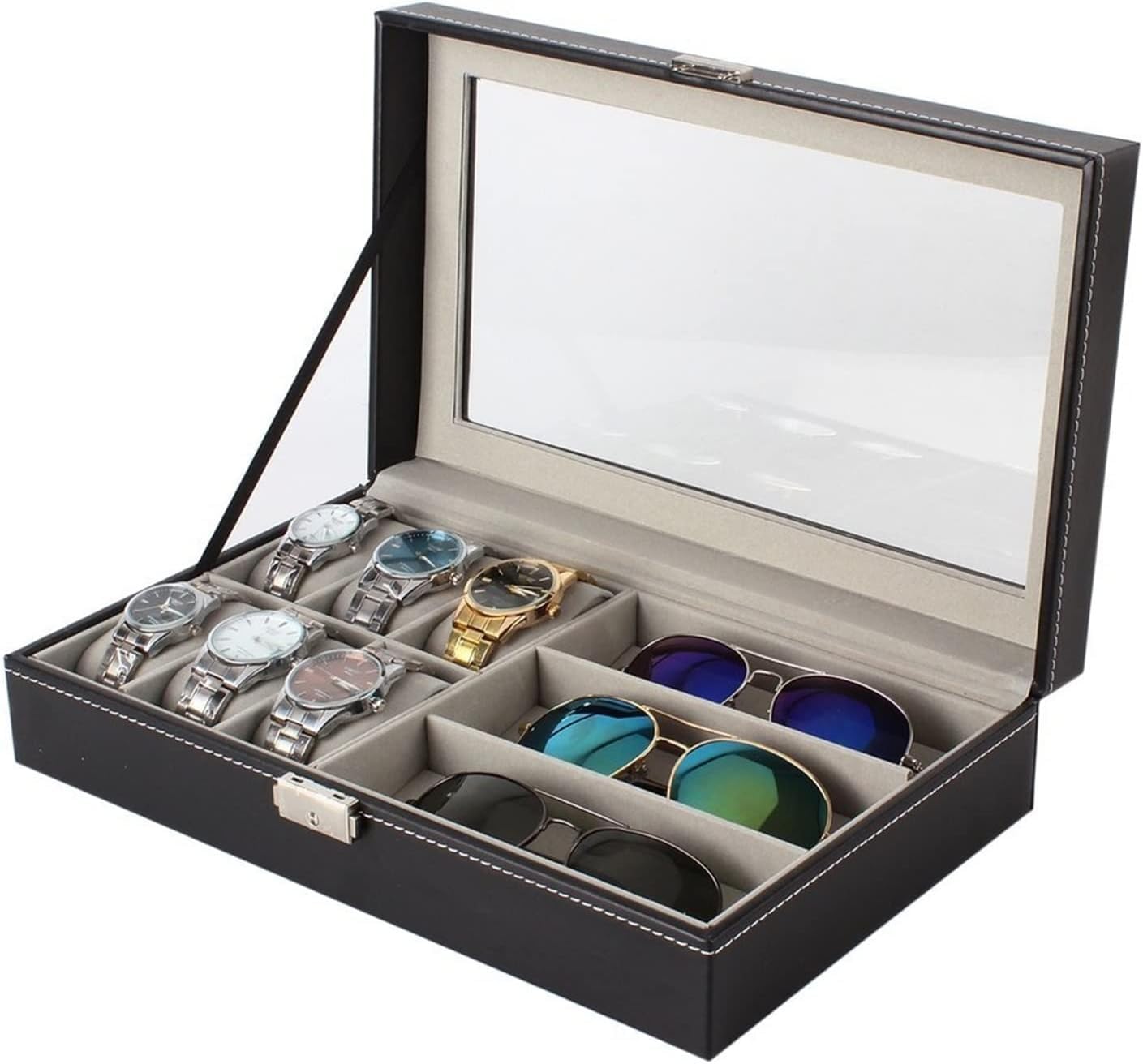 KRISHYAM Watch Box for Men - 6 Slot Watch Organizer Box - 6 Watch and 3 Sunglasses Box - Watch Case with Clear Lid Glass Top, Lock & Key - Black (B0CC1W91RJ) Amazon Price History, Amazon Price Tracker