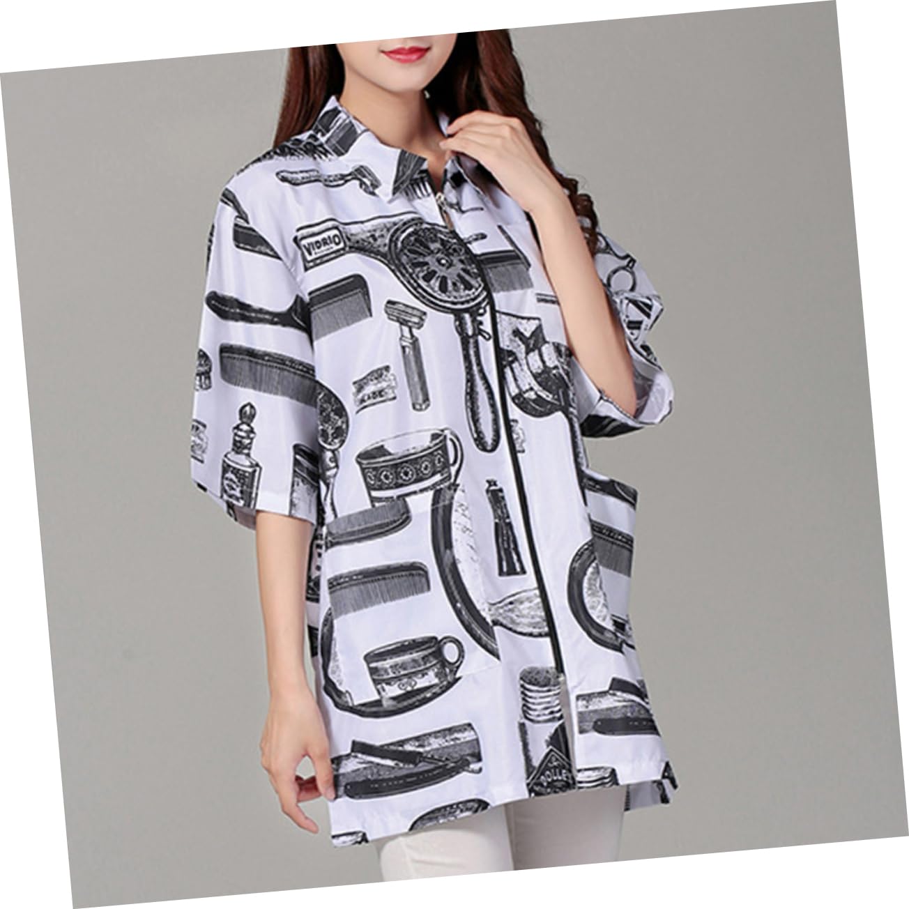 Abbigliamento per Parrucchieri Uniforme Premium con Maniche Corte e Chiusura Zip Design con Traspirante e Confortevole Bianco Xl