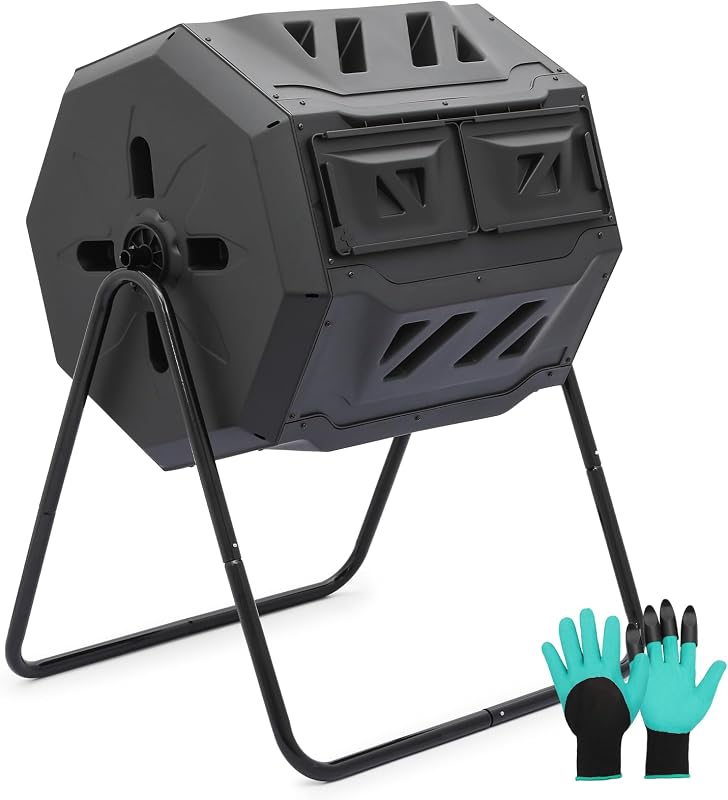 43 Gallon Compost Tumbler, Outdoor BPA Free Large Dual Chamber Tumbling Compost Bin All-Season Fast Working Tumbling Composter, High Volume Composter with 2 Sliding Doors