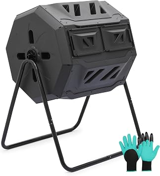 MoNiBloom 43 Gallon Compost Tumbler, Outdoor BPA Free Large Dual Chamber Tumbling Compost Bin All-Season Fast Working Tumbling Composter, High Volume Composter with 2 Sliding Doors