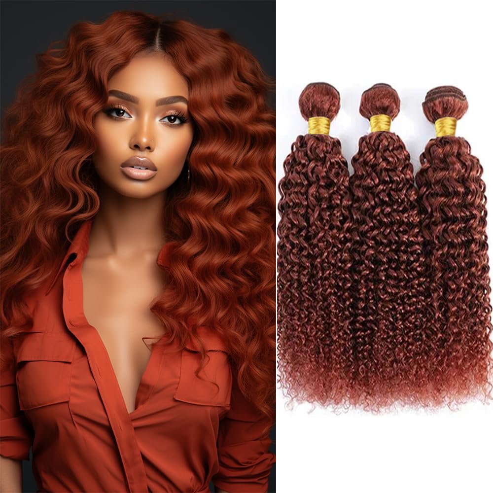 Reddish Brown Kinkycurly Bundles Human Hair Color 33 Auburn Deep Curly Bundles Double Weft Brazilian Hair Extensions Copper Red Silky and Soft (22 24 26 Inch 3 Bundles)