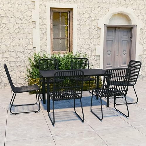 Miniatura 15 de Juego de comedor de patio de 7 piezas con sillas de ratán de polietileno y muebles de exterior de mesa de vidrio, color negro para jardín, balcón,