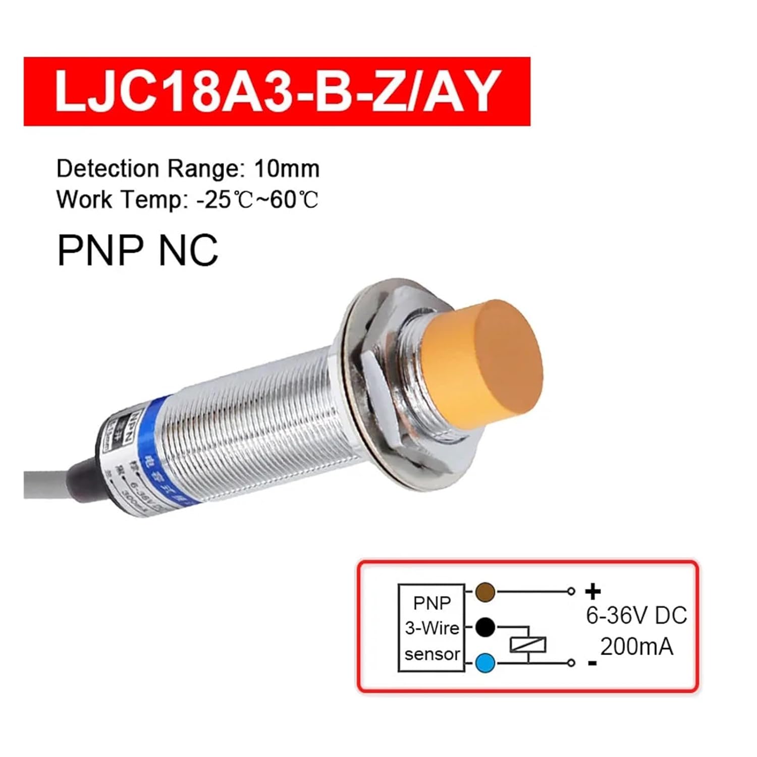 Proximity Switch LJC18A3-BZ M18 Cylindrical capacitive Proximity Sensor 10mm Detection Distance AX AY BX by DC6-36V NPN PNP (Color : LJC18A3-B-Z-AY)