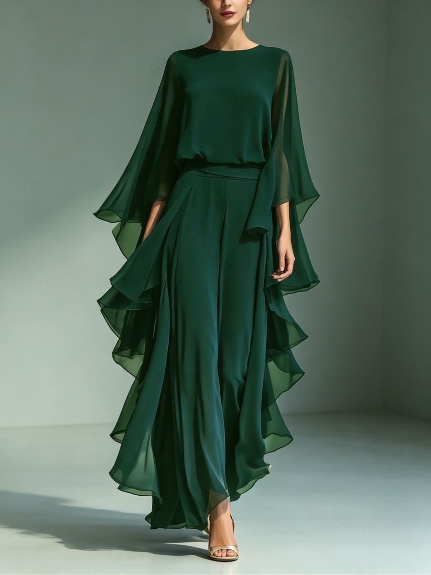 Conjuntos Dos Piezas para Mujer: Blusa Fluida Cuello Redondo Y Manga Tres Cuartos, Pantalones Pierna Ancha con Volantes Y Cintura Alta. Conjuntos Elegantes Verano para Invitadas A Bodas Y C