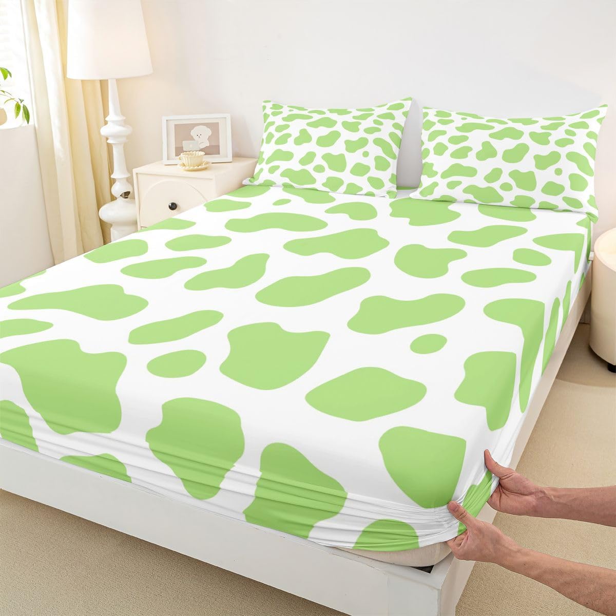 Erosebridal Cow Print Bed Sheets Full Cowhide Bulls Sheet Set, Cowhide Bulls Soft Lightweight Bedding Set, Farmhouse Bull Cattle Kawaii Fitted Sheet with Deep Pocket