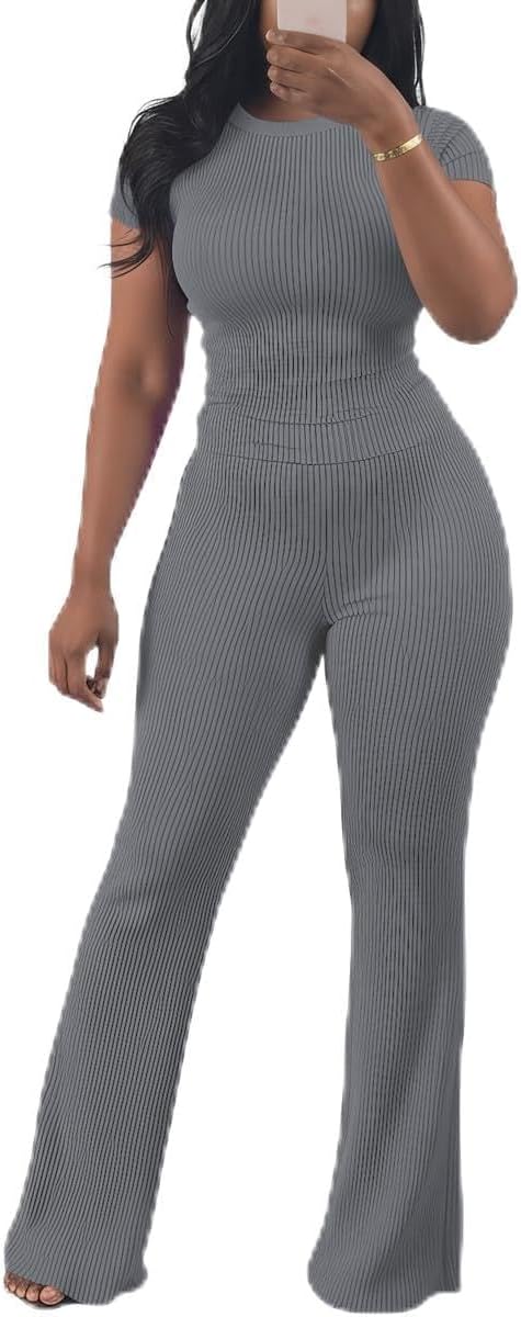 HBQ Women Two Piece Outfit Ribbed Short Sleeve V Neck Polo Top and Flare Pants Casual Lounge Sets Tracksuit