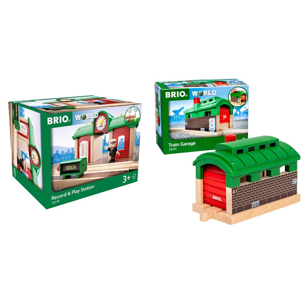 BRIO World Sprechender Bahnhof und Lokschuppen - Eisenbahn Zubehör mit Aufnahmefunktion und Rolltor - Kleinkinderspielzeug