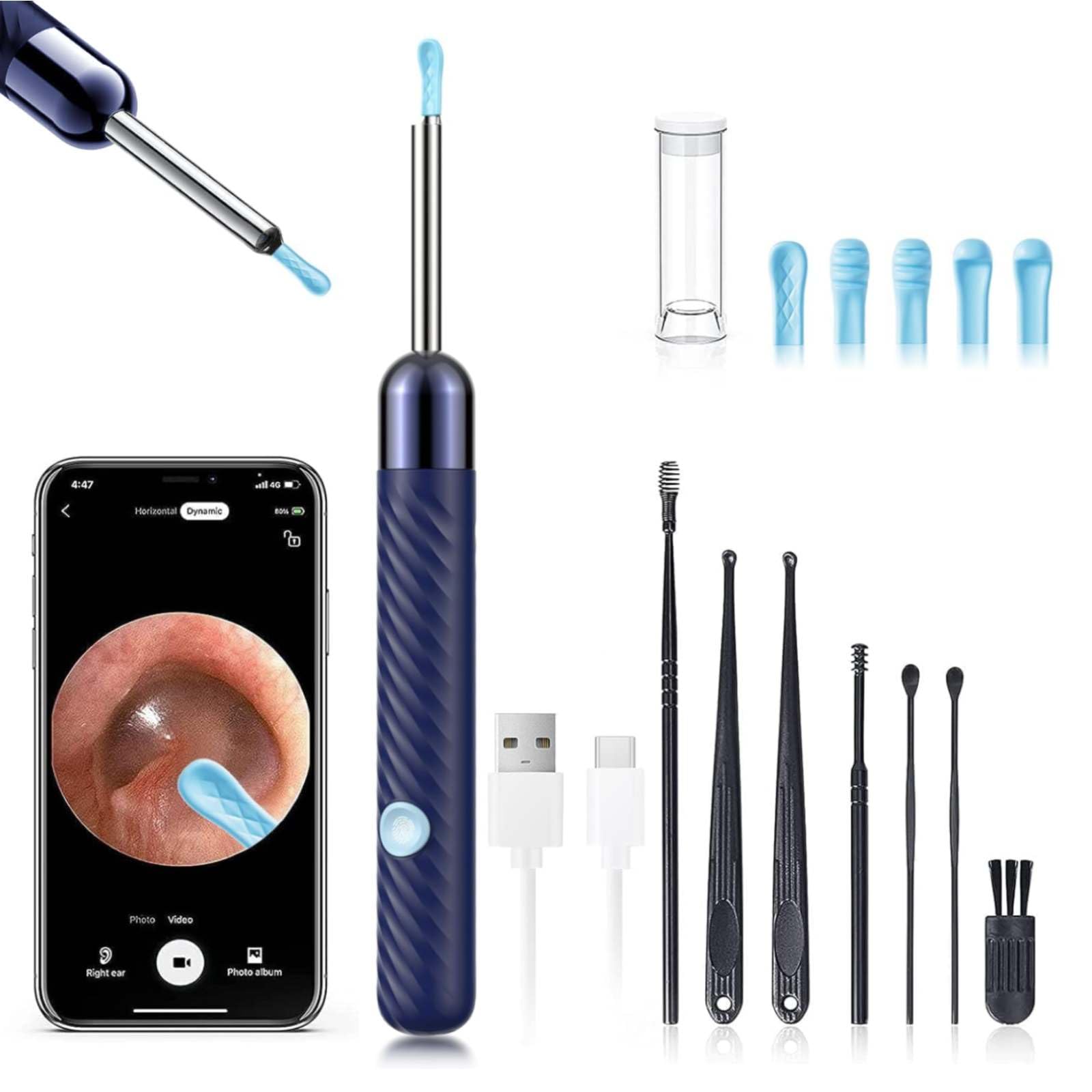 Ear Wax Removal - Earwax Remover Tool with 8 Pcs Ear Set - Ear Canal Cleaner with 1080P Camera - Ear Cleaning Kit with 6 Ear Spoon - Ear Camera for iOS & Android (Navy Blue)