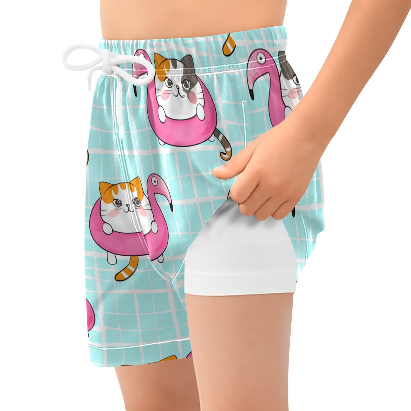 YANENDIE Boy Swim Trunks with Compression Liner Cats Flamingo Floaties Boys Swim Shorts Quick Dry Beach Shorts