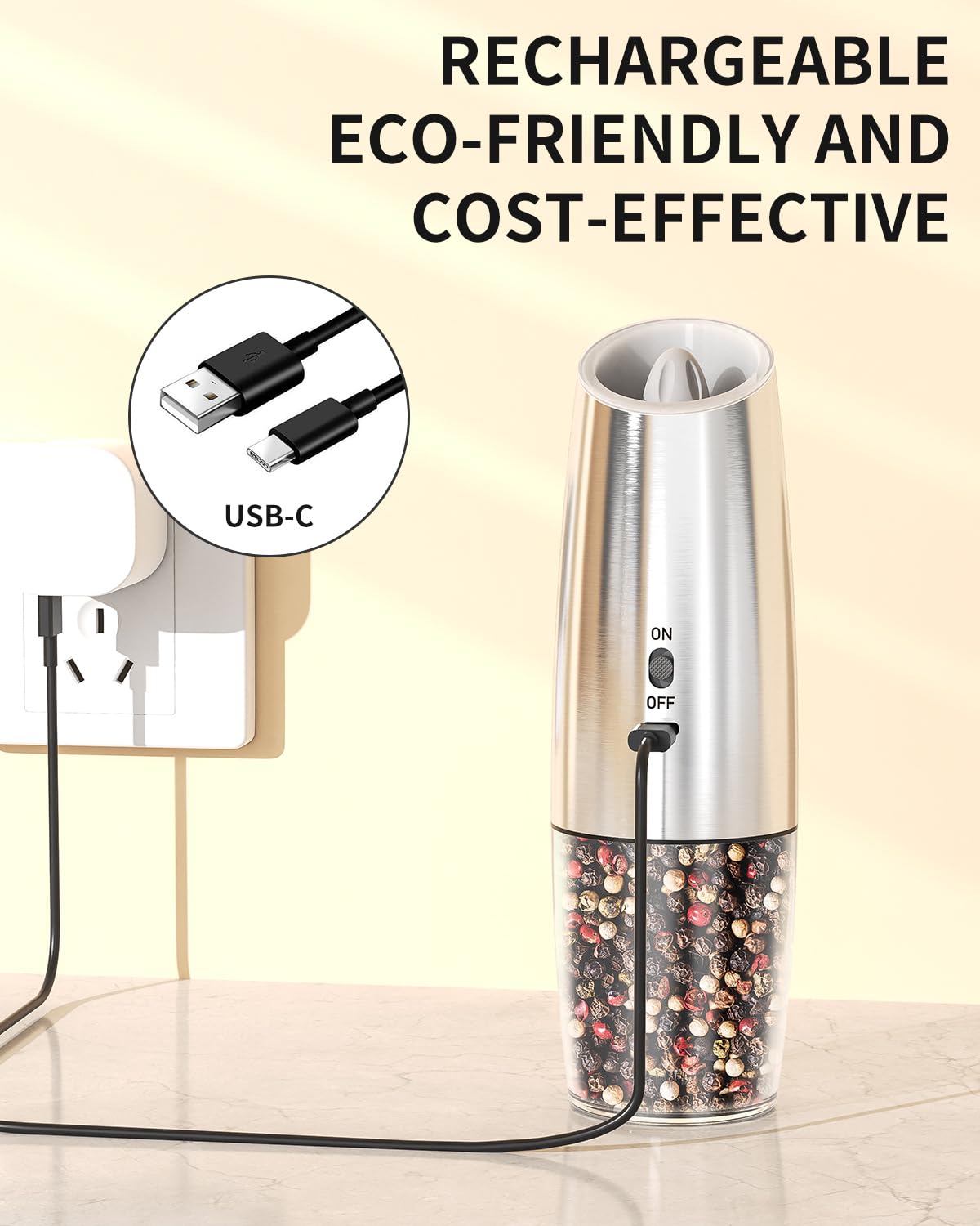 CIRCLE JOY Moulin à poivre électrique avec contrôle de la vitesse - Chargement USB - 6 niveaux de grossièreté réglables - Lumière LED blanche - Acier inoxydable