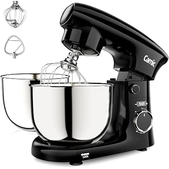 Camic Food Processor with 3 Accessories Kneading Mixing Whisk Dough Machine with LED Display Set Time 10 Speed Levels 2 Stainless Steel Bowls 4L + 5L for Dough Bread Pizza Cake