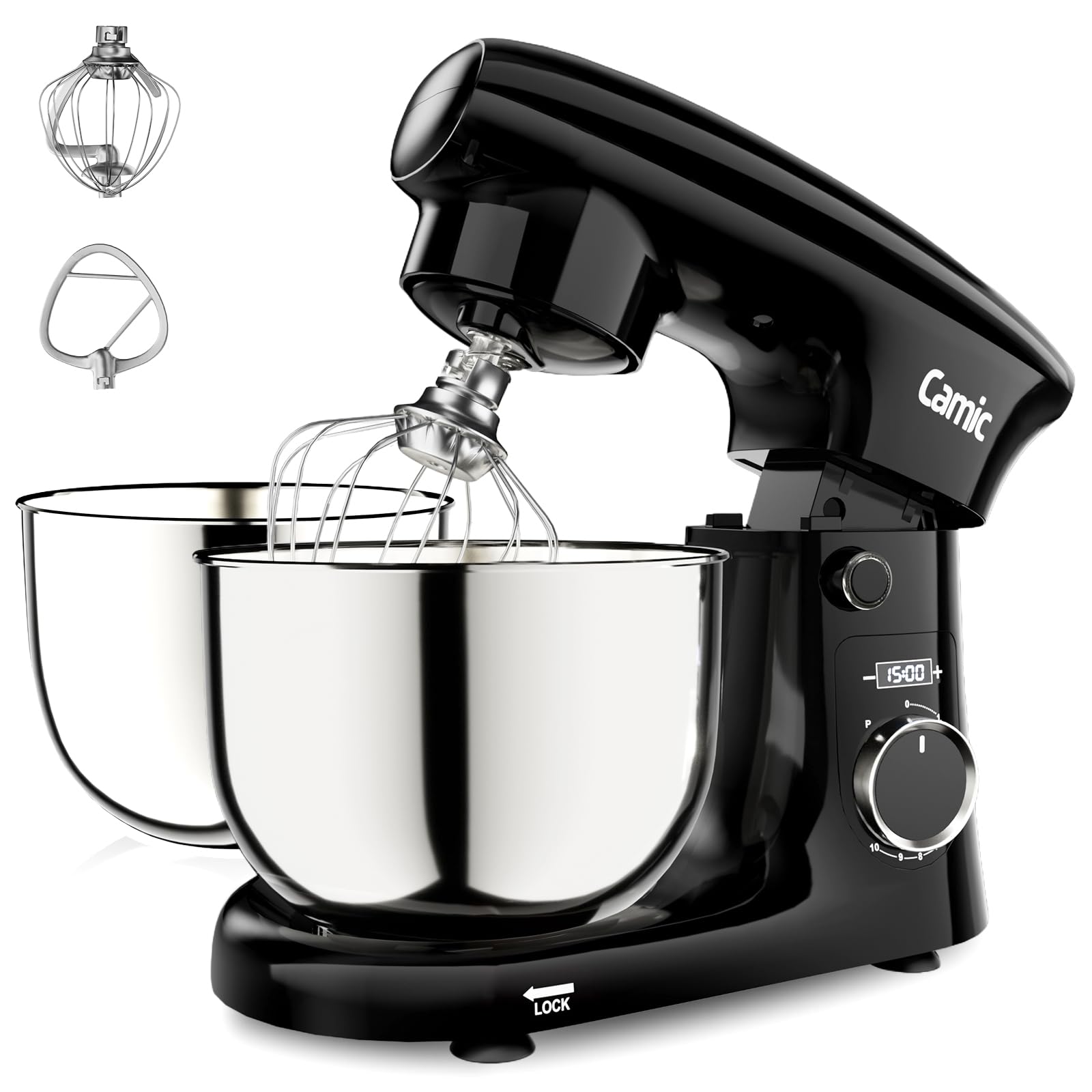 Camic Küchenmaschine mit LED-Display, Zeit Einstellen, Knetmaschine mit Rührhaken, Knethaken, Schlagbesen, 10 Stufen, 2 Edelstahlschüsseln 4L+5L, für Teig, Brot, Pizza, Kuchen