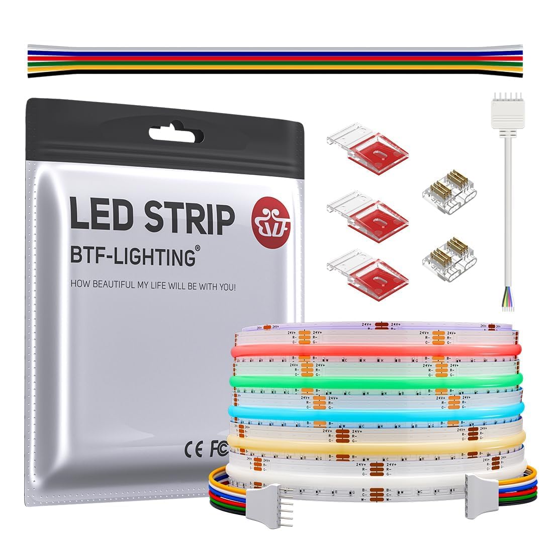 BTF-LIGHTING FCOB COB RGBCCT Flexible Hohe Dichte LED-Streifen COB RGBCCT LED Strip 5M 960LED/M DC24V 18W/M IP30 Mehrfarbig für TV Zimmer Party DIY Heimdekoration(Nicht inhalt Controller&Netzteil)